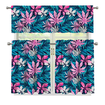 Blue And Pink Watercolor Hawaiian Print 3 Piece Kitchen Curtains