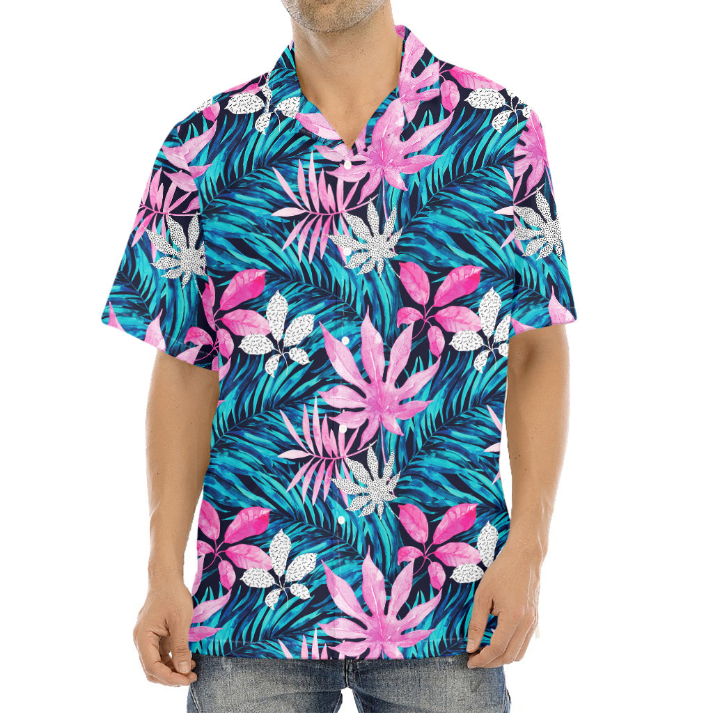 Blue And Pink Watercolor Hawaiian Print Aloha Shirt