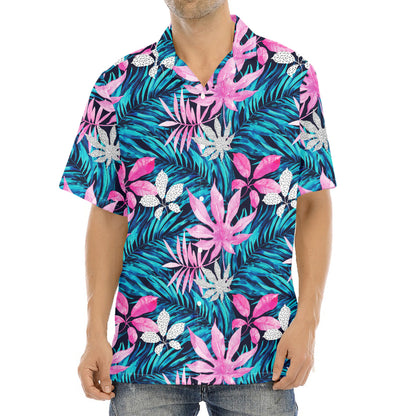 Blue And Pink Watercolor Hawaiian Print Aloha Shirt