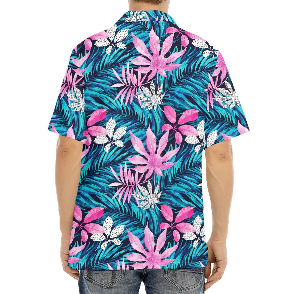 Blue And Pink Watercolor Hawaiian Print Aloha Shirt