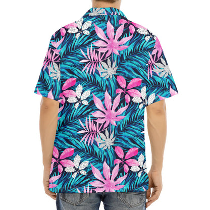 Blue And Pink Watercolor Hawaiian Print Aloha Shirt