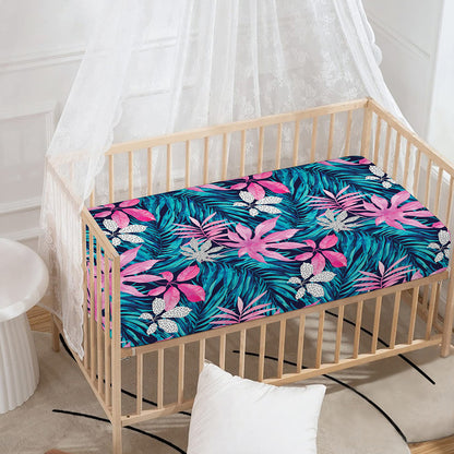 Blue And Pink Watercolor Hawaiian Print Baby Crib Sheet