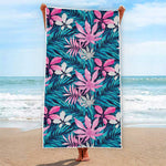 Blue And Pink Watercolor Hawaiian Print Beach Towel