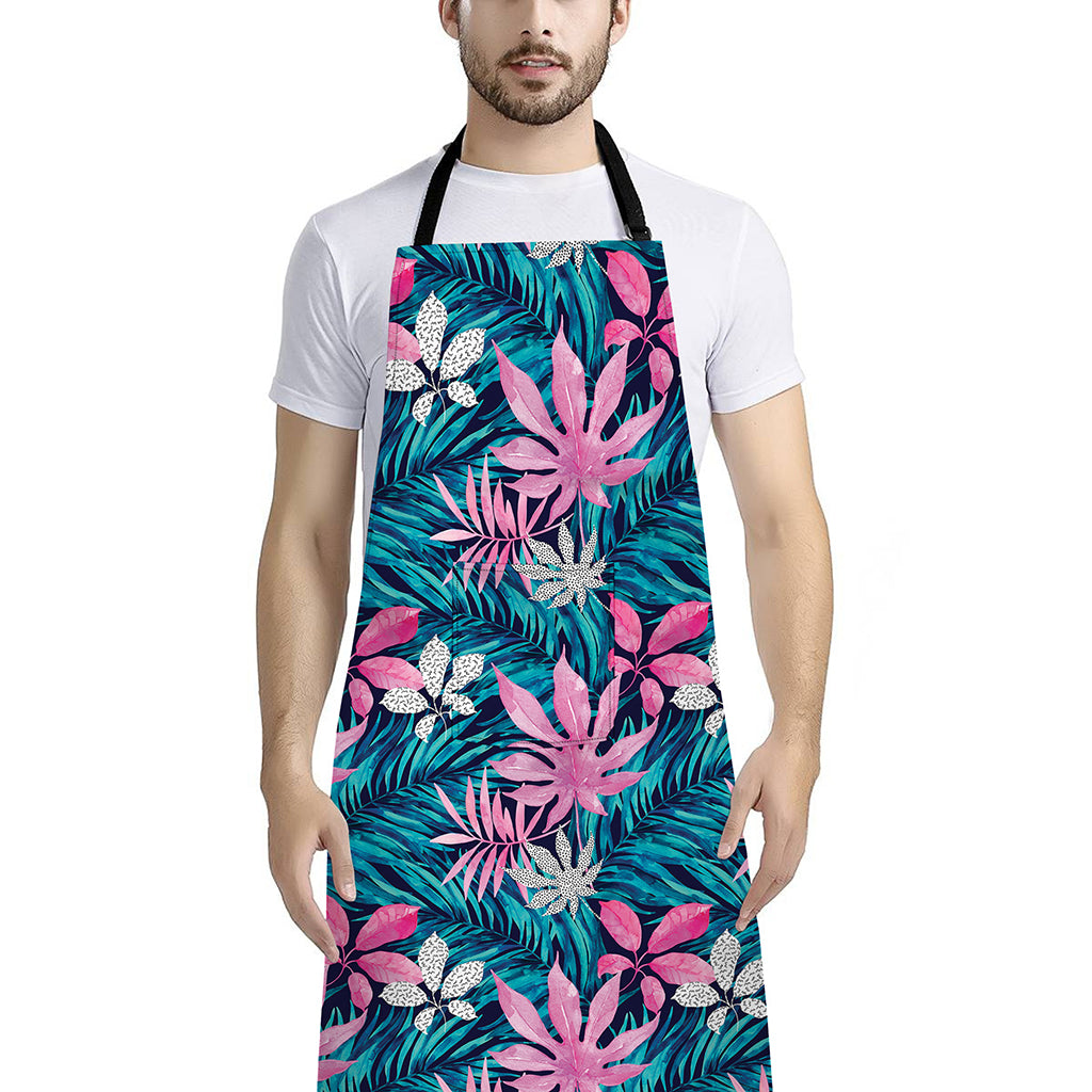 Blue And Pink Watercolor Hawaiian Print Bib Apron With Pocket