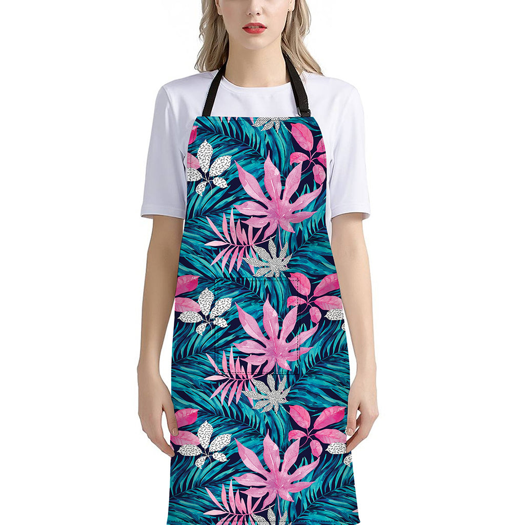 Blue And Pink Watercolor Hawaiian Print Bib Apron With Pocket