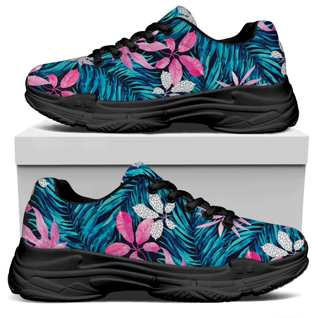 Blue And Pink Watercolor Hawaiian Print Black Chunky Shoes