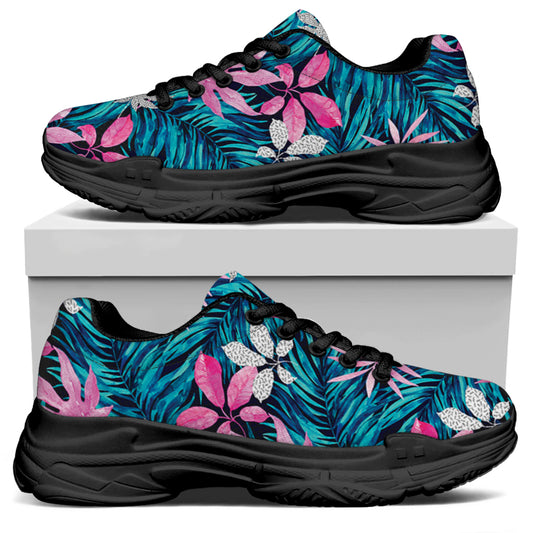 Blue And Pink Watercolor Hawaiian Print Black Chunky Shoes