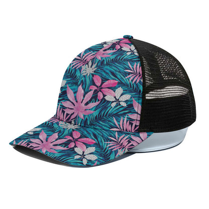 Blue And Pink Watercolor Hawaiian Print Black Mesh Trucker Cap