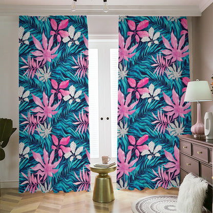 Blue And Pink Watercolor Hawaiian Print Blackout Pencil Pleat Curtains