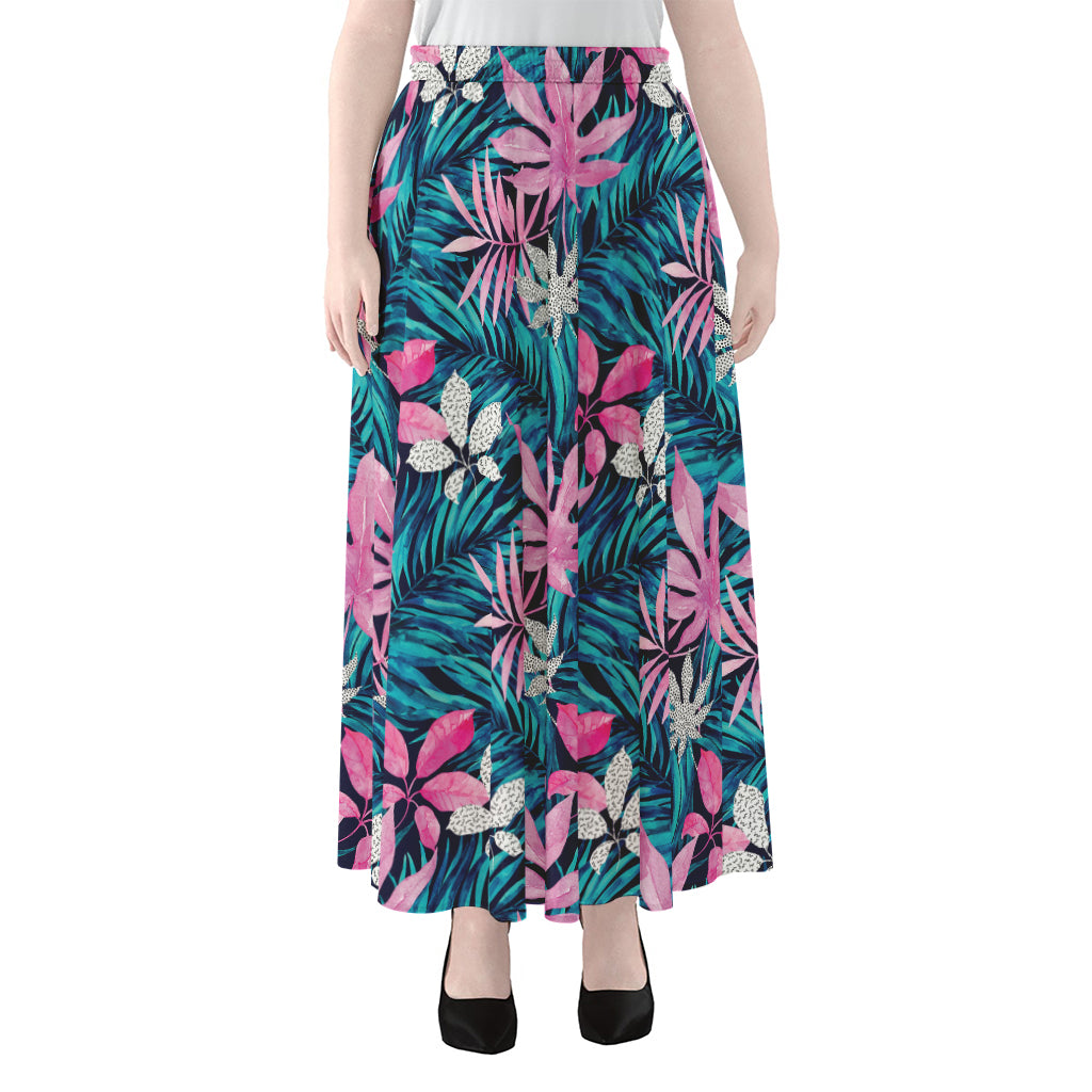 Blue And Pink Watercolor Hawaiian Print Chiffon Maxi Skirt