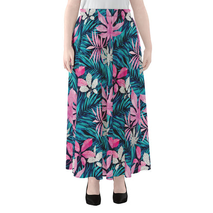 Blue And Pink Watercolor Hawaiian Print Chiffon Maxi Skirt