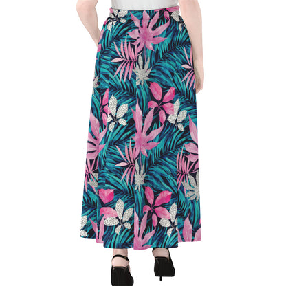 Blue And Pink Watercolor Hawaiian Print Chiffon Maxi Skirt