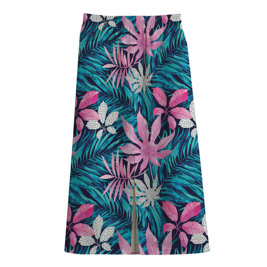 Blue And Pink Watercolor Hawaiian Print Cotton Front Slit Maxi Skirt