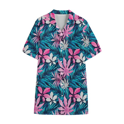 Blue And Pink Watercolor Hawaiian Print Cotton Hawaiian Shirt