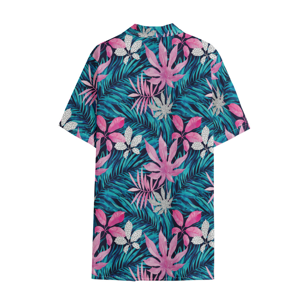Blue And Pink Watercolor Hawaiian Print Cotton Hawaiian Shirt