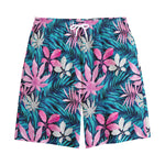 Blue And Pink Watercolor Hawaiian Print Cotton Shorts