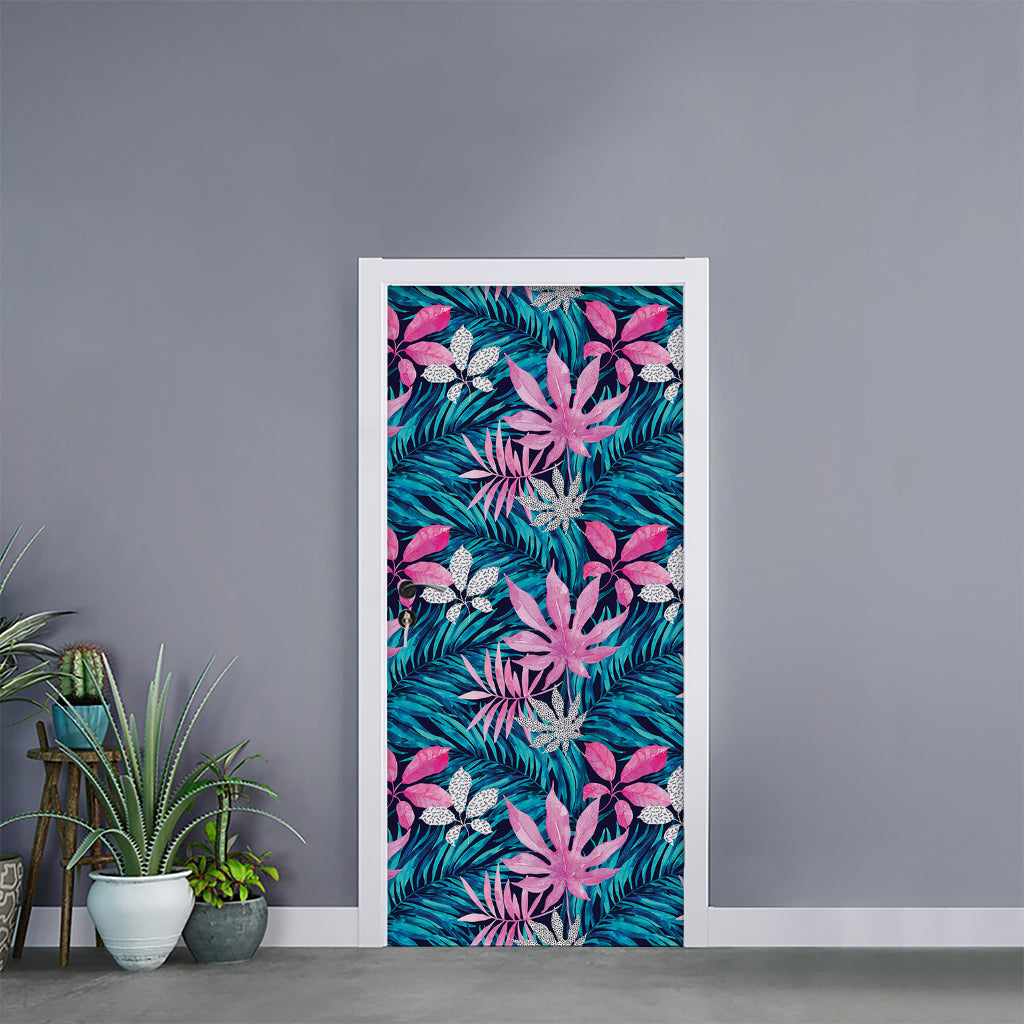 Blue And Pink Watercolor Hawaiian Print Door Sticker