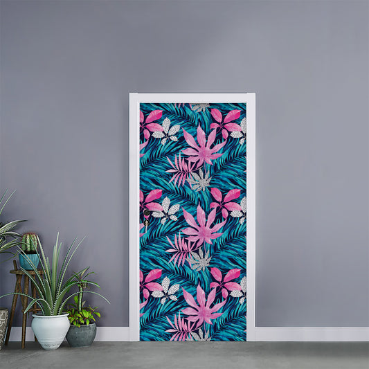 Blue And Pink Watercolor Hawaiian Print Door Sticker
