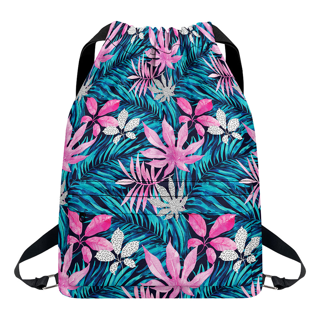 Blue And Pink Watercolor Hawaiian Print Drawstring Backpack