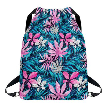 Blue And Pink Watercolor Hawaiian Print Drawstring Backpack