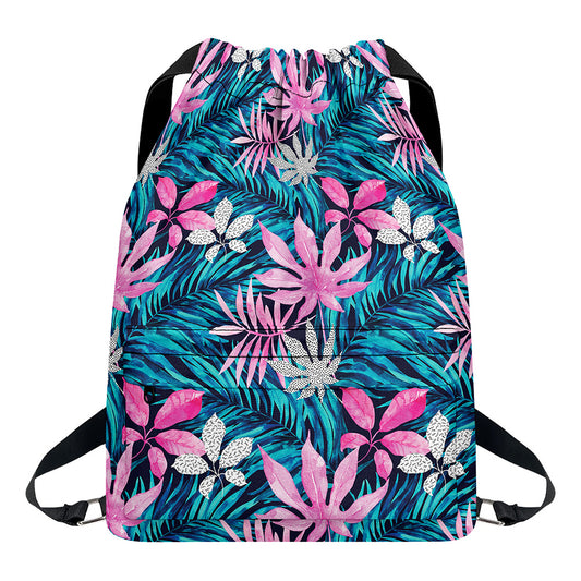 Blue And Pink Watercolor Hawaiian Print Drawstring Backpack