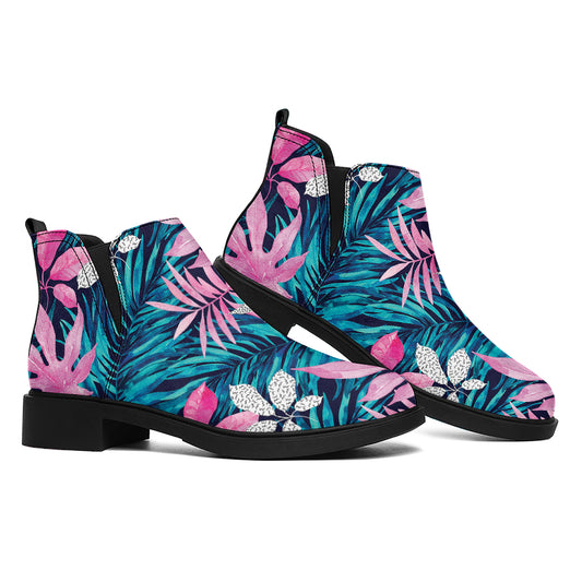 Blue And Pink Watercolor Hawaiian Print Flat Ankle Boots