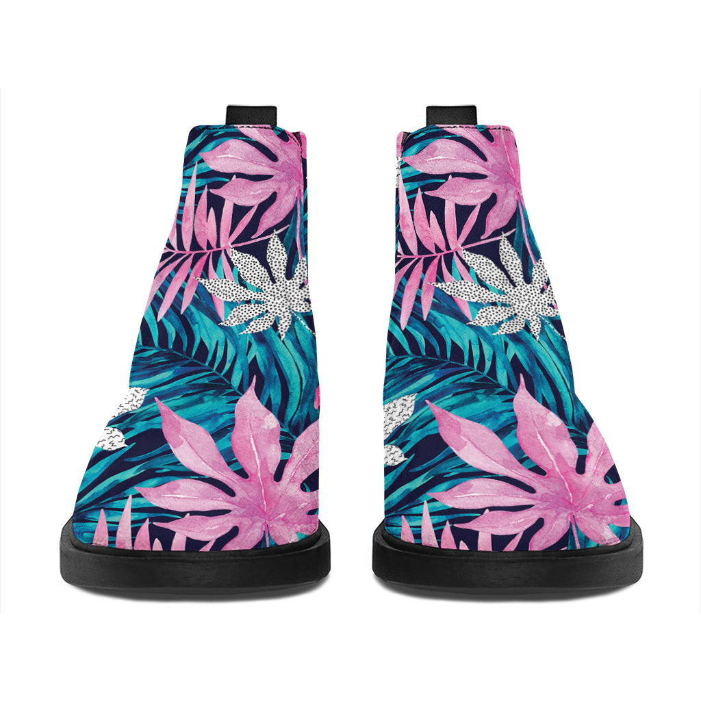 Blue And Pink Watercolor Hawaiian Print Flat Ankle Boots