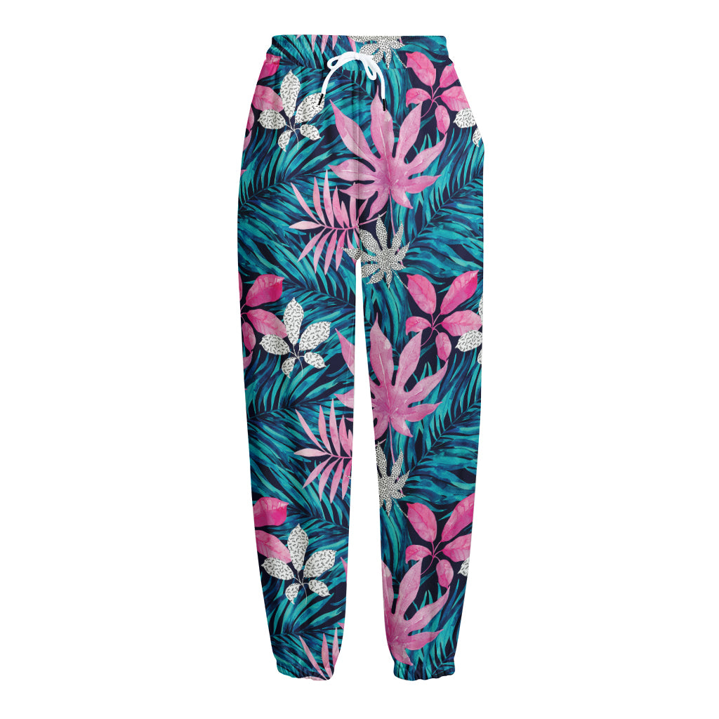 Blue And Pink Watercolor Hawaiian Print Fleece Lined Knit Pants