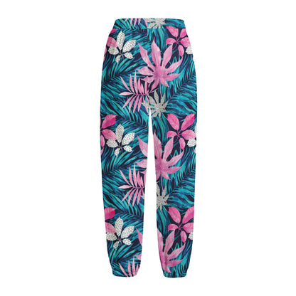 Blue And Pink Watercolor Hawaiian Print Fleece Lined Knit Pants