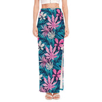 Blue And Pink Watercolor Hawaiian Print High Slit Maxi Skirt