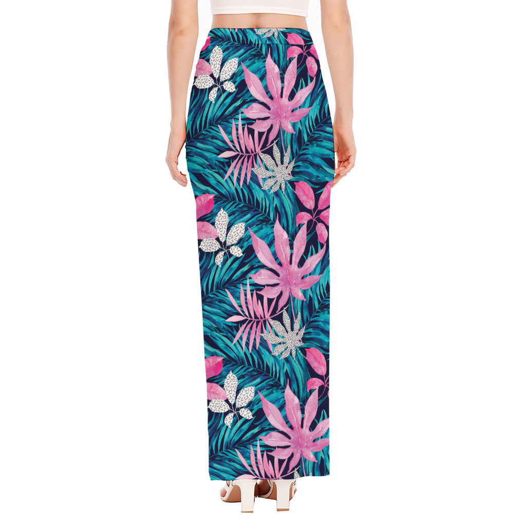 Blue And Pink Watercolor Hawaiian Print High Slit Maxi Skirt