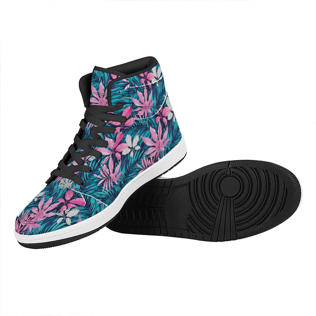 Blue And Pink Watercolor Hawaiian Print High Top Leather Sneakers