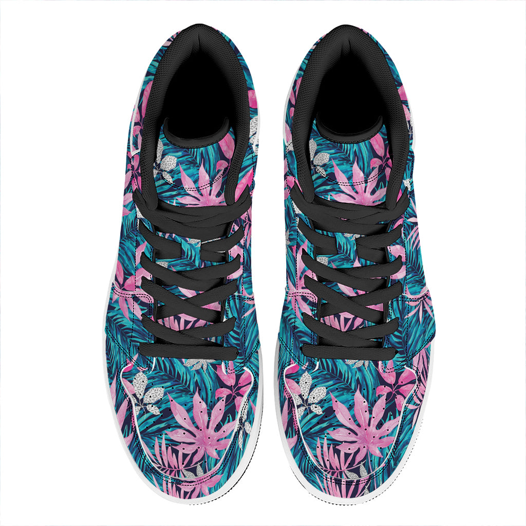 Blue And Pink Watercolor Hawaiian Print High Top Leather Sneakers