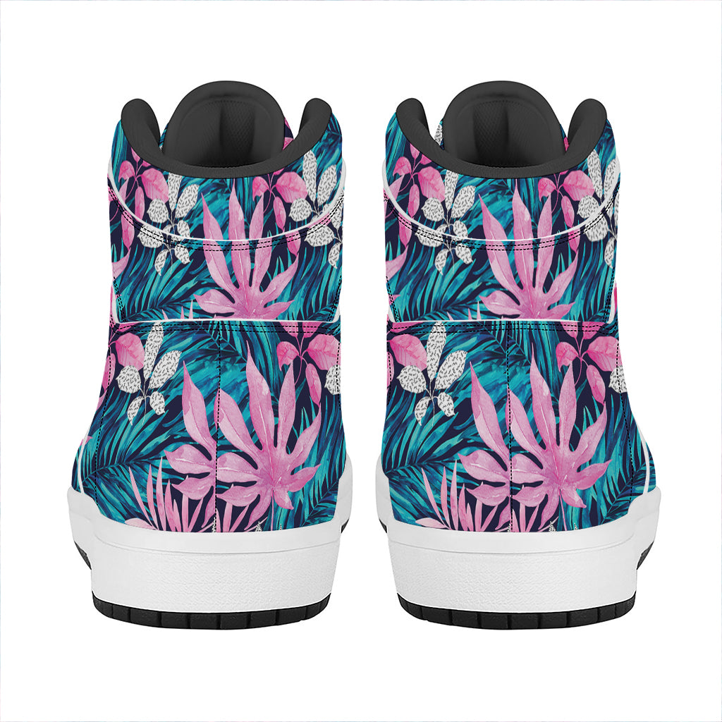 Blue And Pink Watercolor Hawaiian Print High Top Leather Sneakers