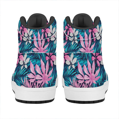 Blue And Pink Watercolor Hawaiian Print High Top Leather Sneakers
