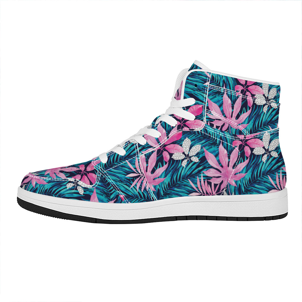 Blue And Pink Watercolor Hawaiian Print High Top Leather Sneakers