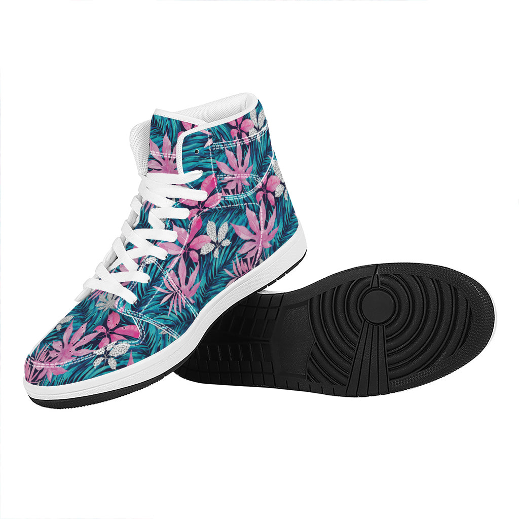 Blue And Pink Watercolor Hawaiian Print High Top Leather Sneakers