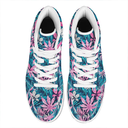 Blue And Pink Watercolor Hawaiian Print High Top Leather Sneakers