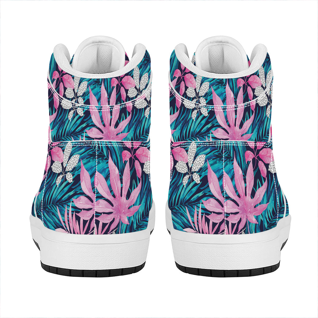 Blue And Pink Watercolor Hawaiian Print High Top Leather Sneakers