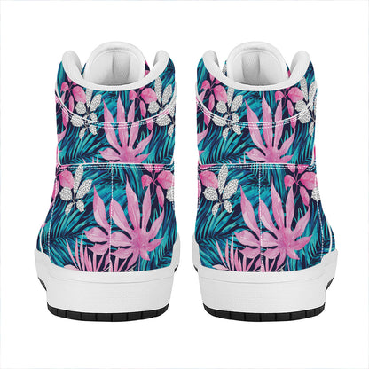 Blue And Pink Watercolor Hawaiian Print High Top Leather Sneakers