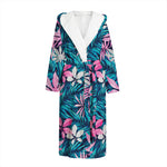 Blue And Pink Watercolor Hawaiian Print Hooded Bathrobe
