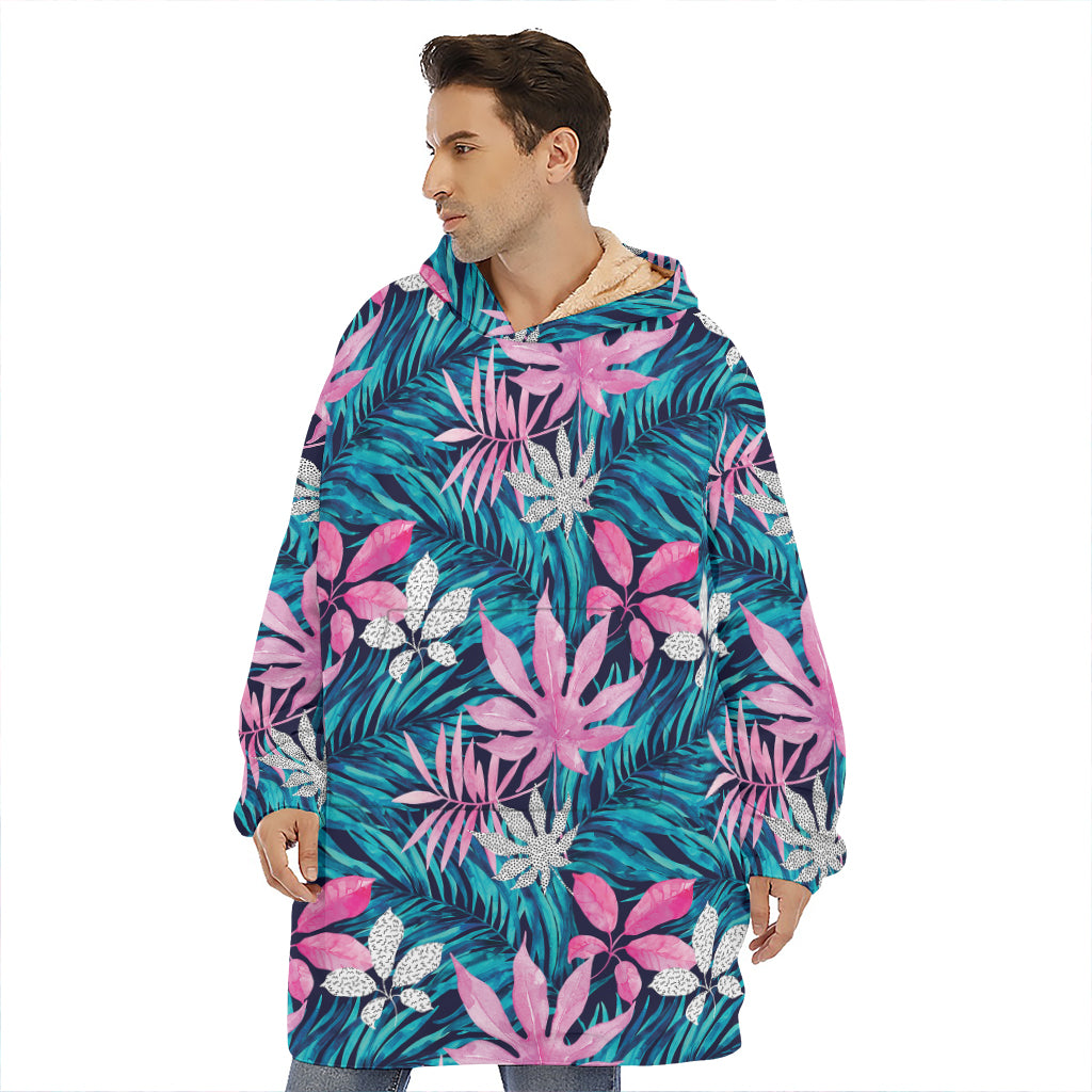 Blue And Pink Watercolor Hawaiian Print Hoodie Blanket