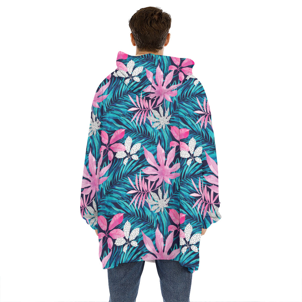 Blue And Pink Watercolor Hawaiian Print Hoodie Blanket