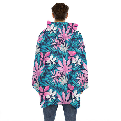 Blue And Pink Watercolor Hawaiian Print Hoodie Blanket