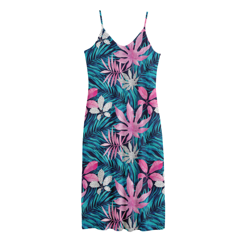 Blue And Pink Watercolor Hawaiian Print Jersey Midi Cami Dress