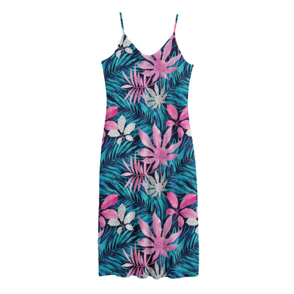 Blue And Pink Watercolor Hawaiian Print Jersey Midi Cami Dress