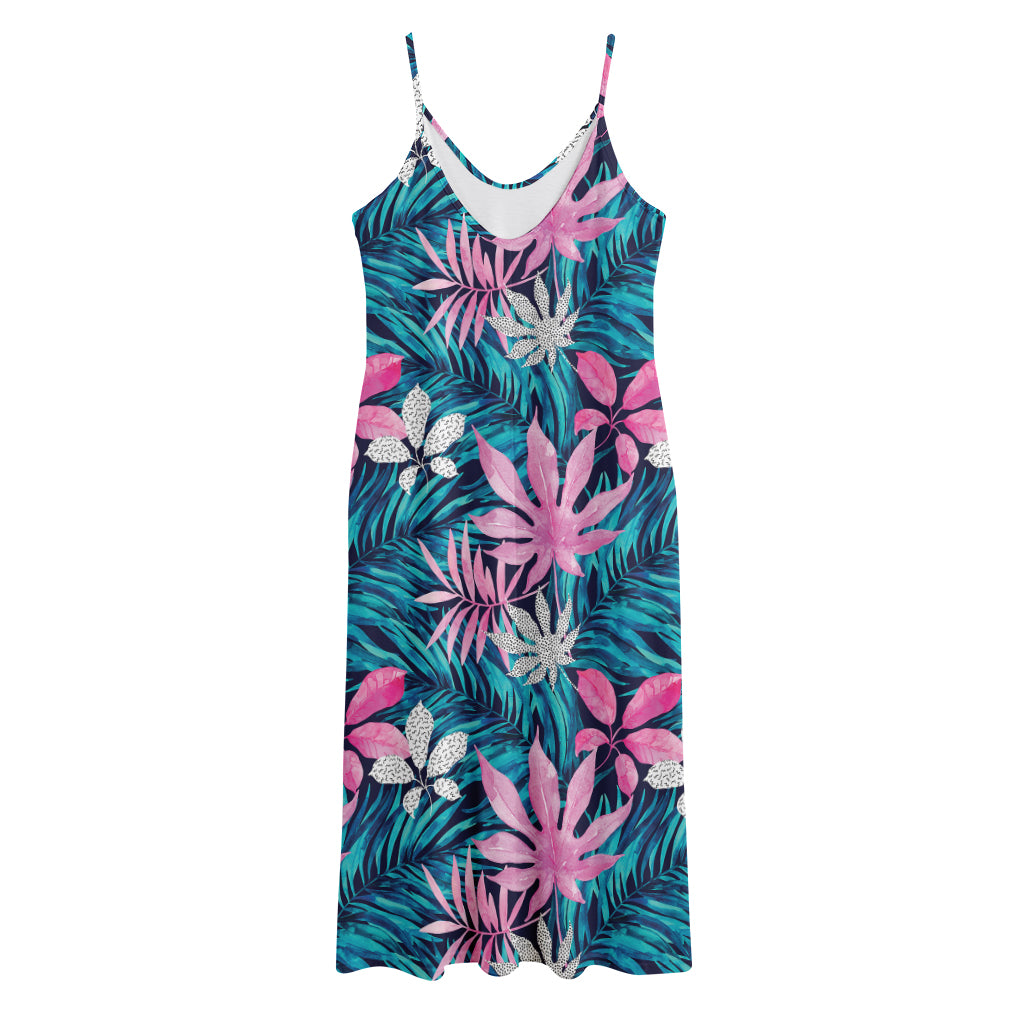 Blue And Pink Watercolor Hawaiian Print Jersey Midi Cami Dress