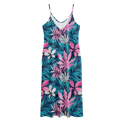 Blue And Pink Watercolor Hawaiian Print Jersey Midi Cami Dress