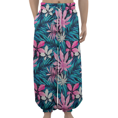 Blue And Pink Watercolor Hawaiian Print Lantern Pants