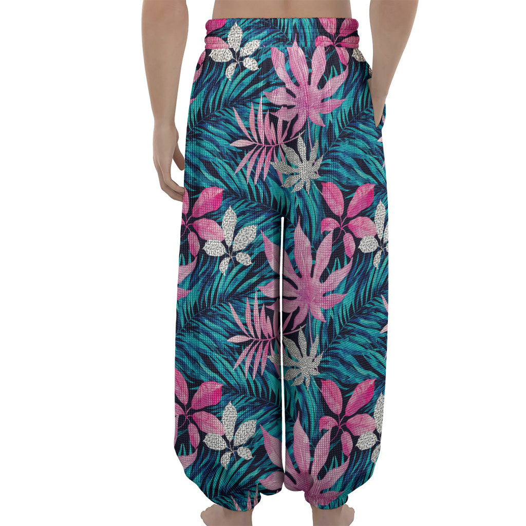 Blue And Pink Watercolor Hawaiian Print Lantern Pants